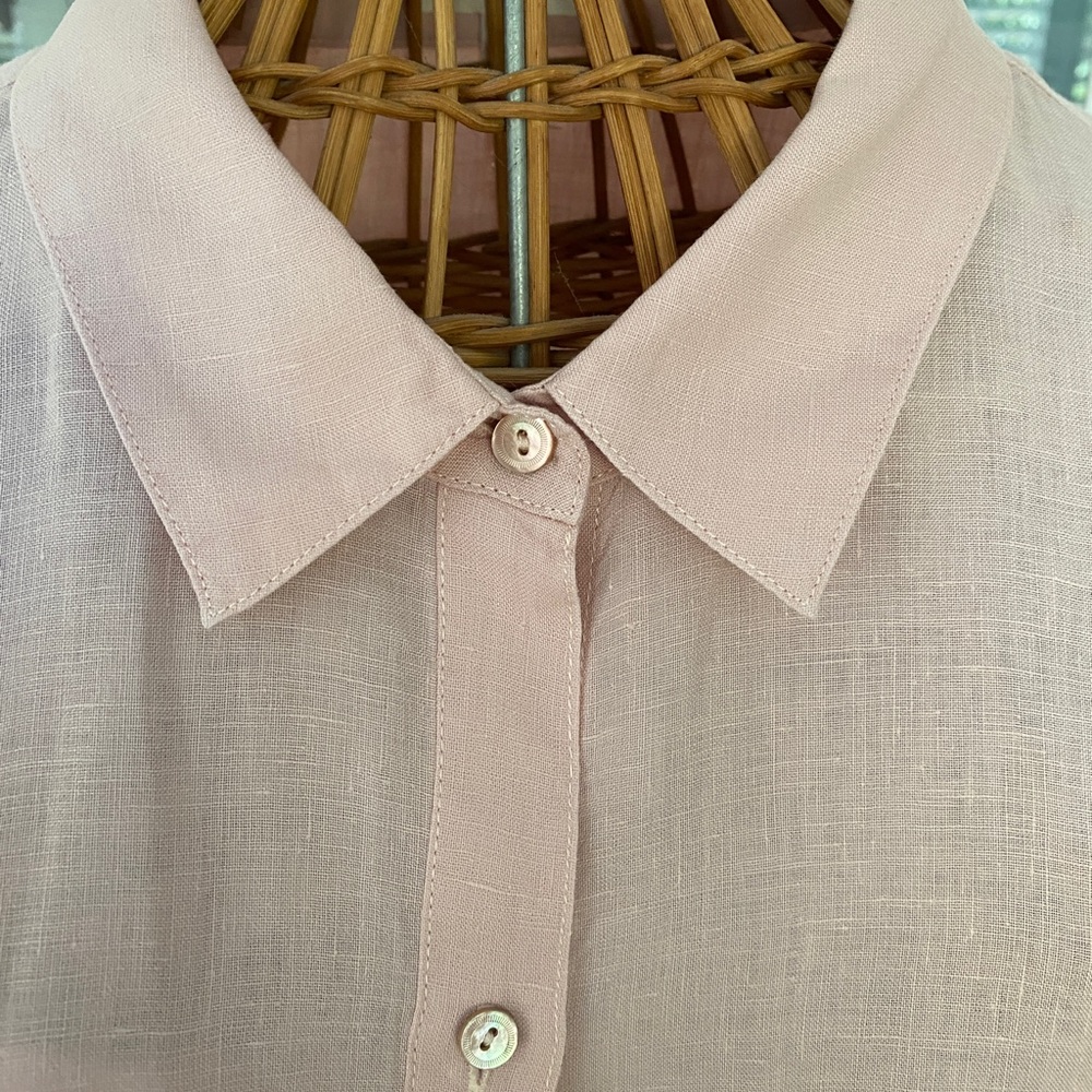 Eileen Fisher pink, organic linen, camp shirt. Light pink with a generous cut.